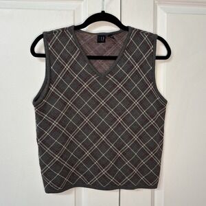 Y2K Gap Plaid Argyle Sweater Vest Womens Gray Academia Preppy 90s Grunge